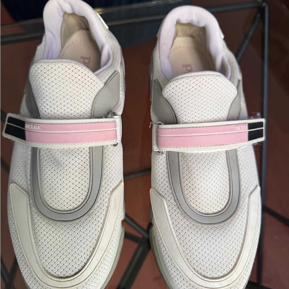 Prada Cloudbust Velcro Strap Sneakers – White & Pink Mesh